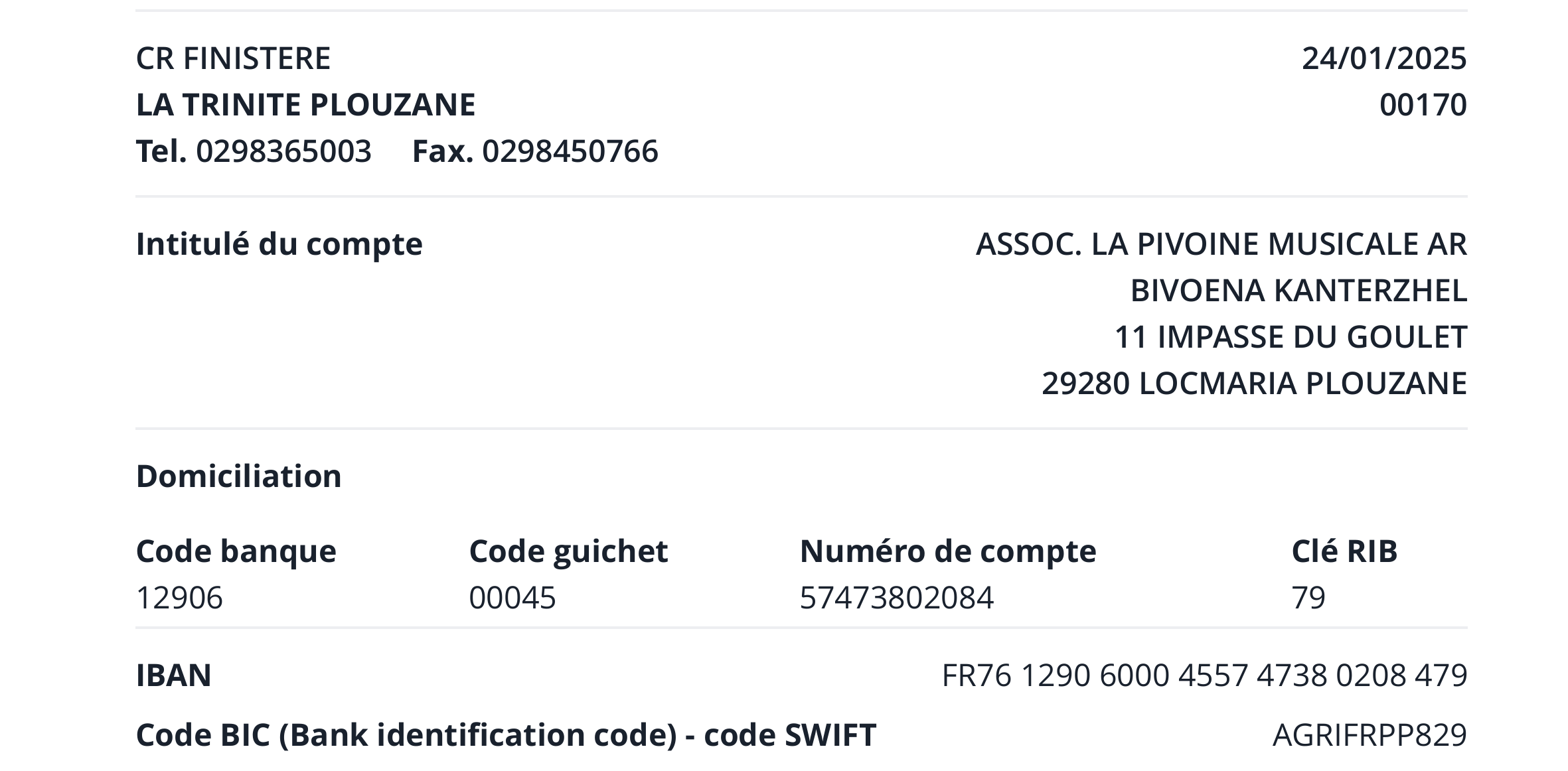 Relevé d'identité bancaire de la Pivoine Musicale